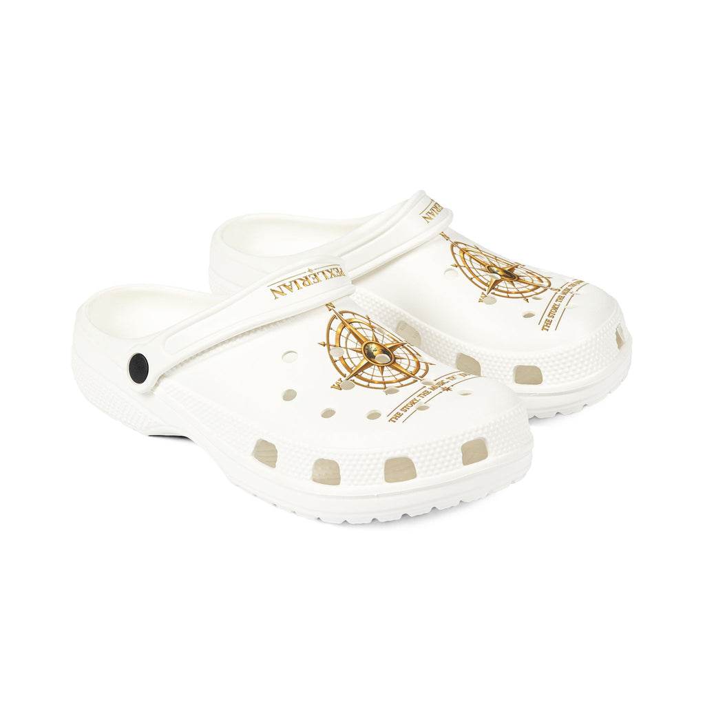 Pexlerian Gold Compass EVA Foam Clogs — White Waterproof Slip-On