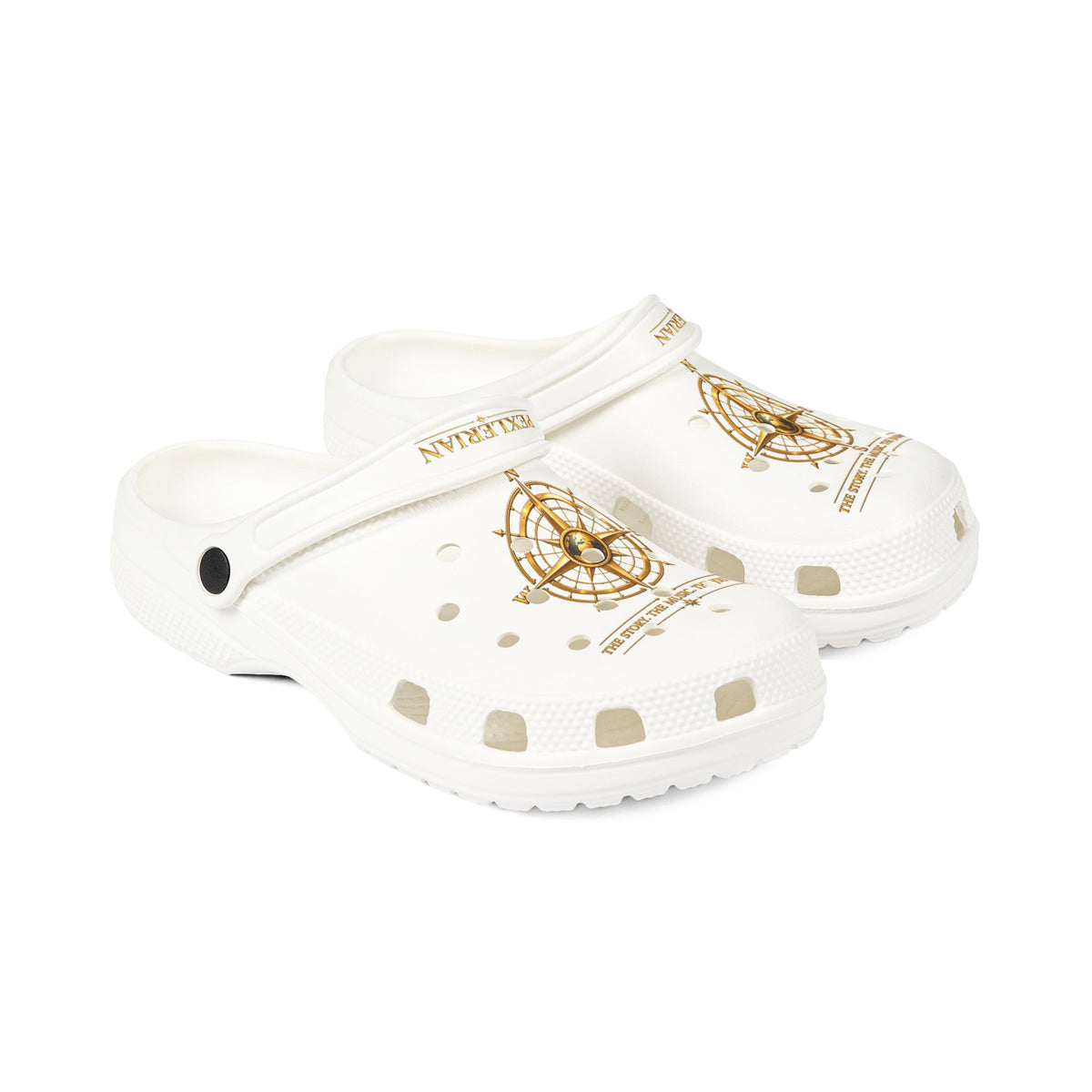 Pexlerian Gold Compass EVA Foam Clogs — White Waterproof Slip-On