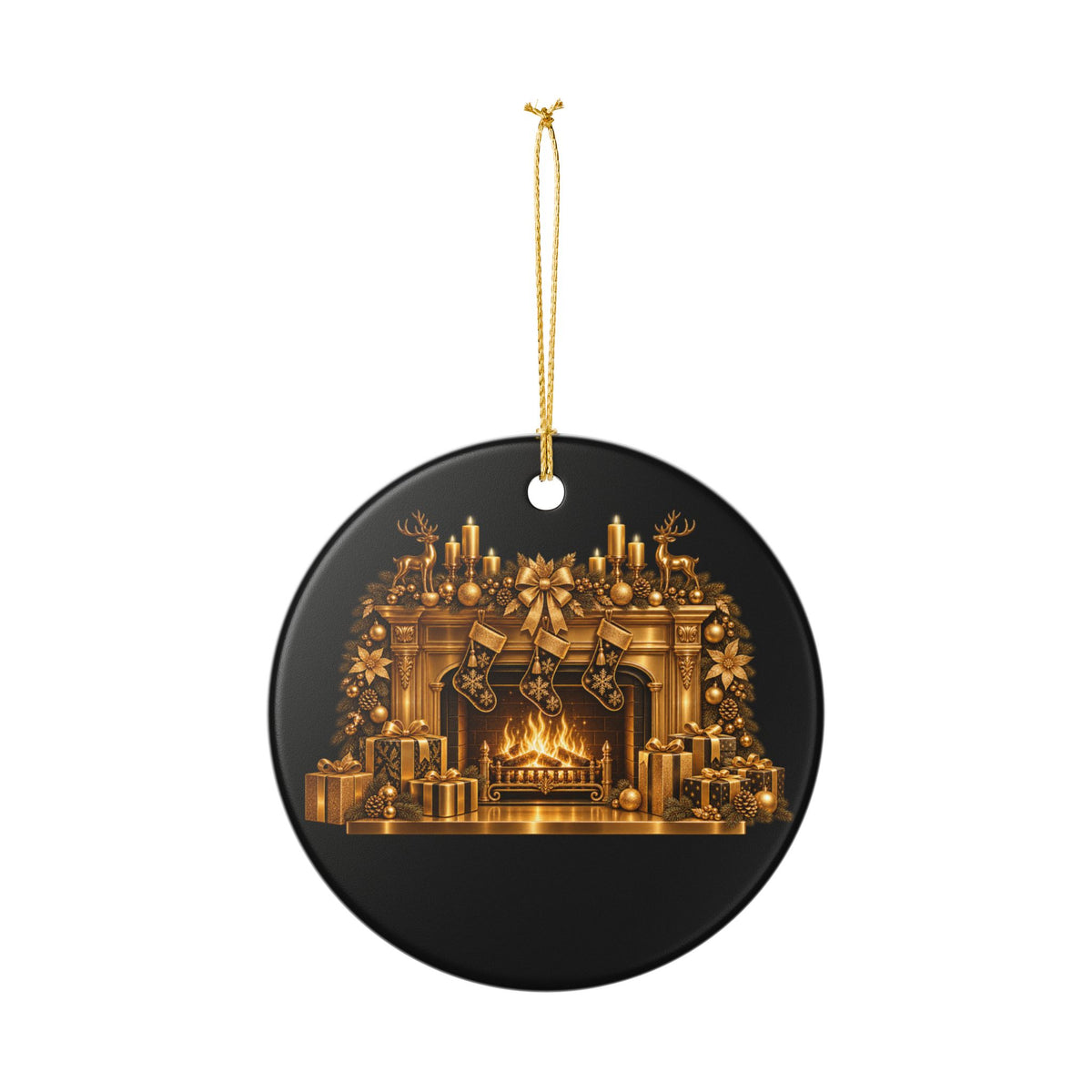 Pexlerian Christmas Ceramic Ornament — Gold Fireplace & "Merry Christmas" Holiday Decoration