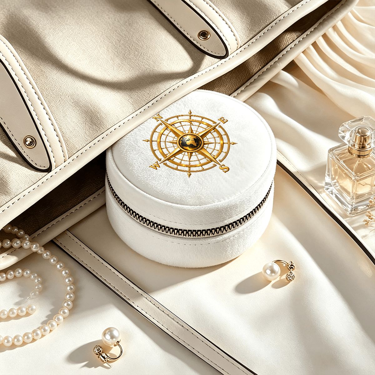 Pexlerian Gold Compass Round Velvet Jewellery Box