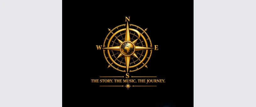 Black Pexlerian mouse mat design preview with a gold globe compass and THE STORY. THE MUSIC. THE JOURNEY. tagline.