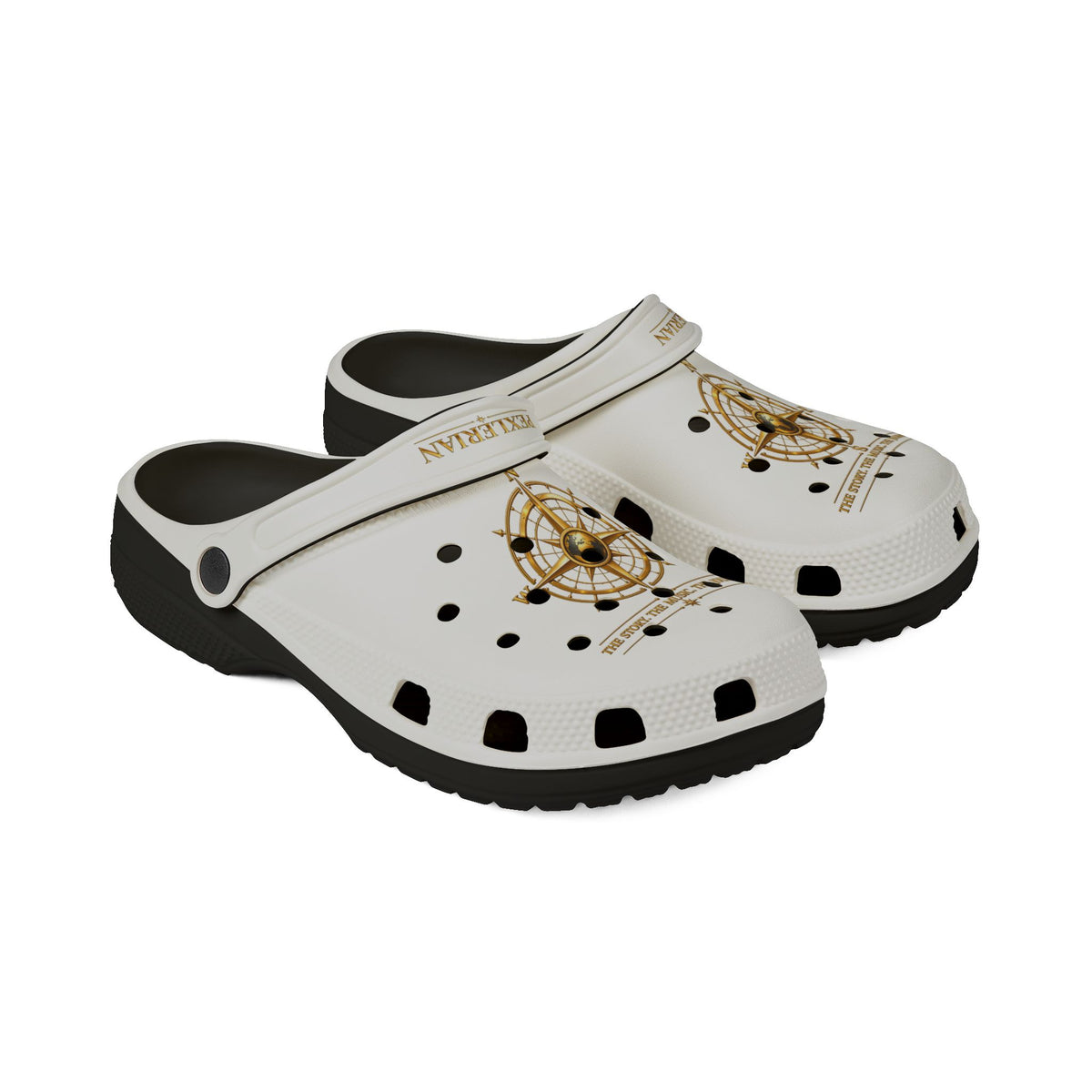 Pexlerian Gold Compass EVA Foam Clogs — White Waterproof Slip-On