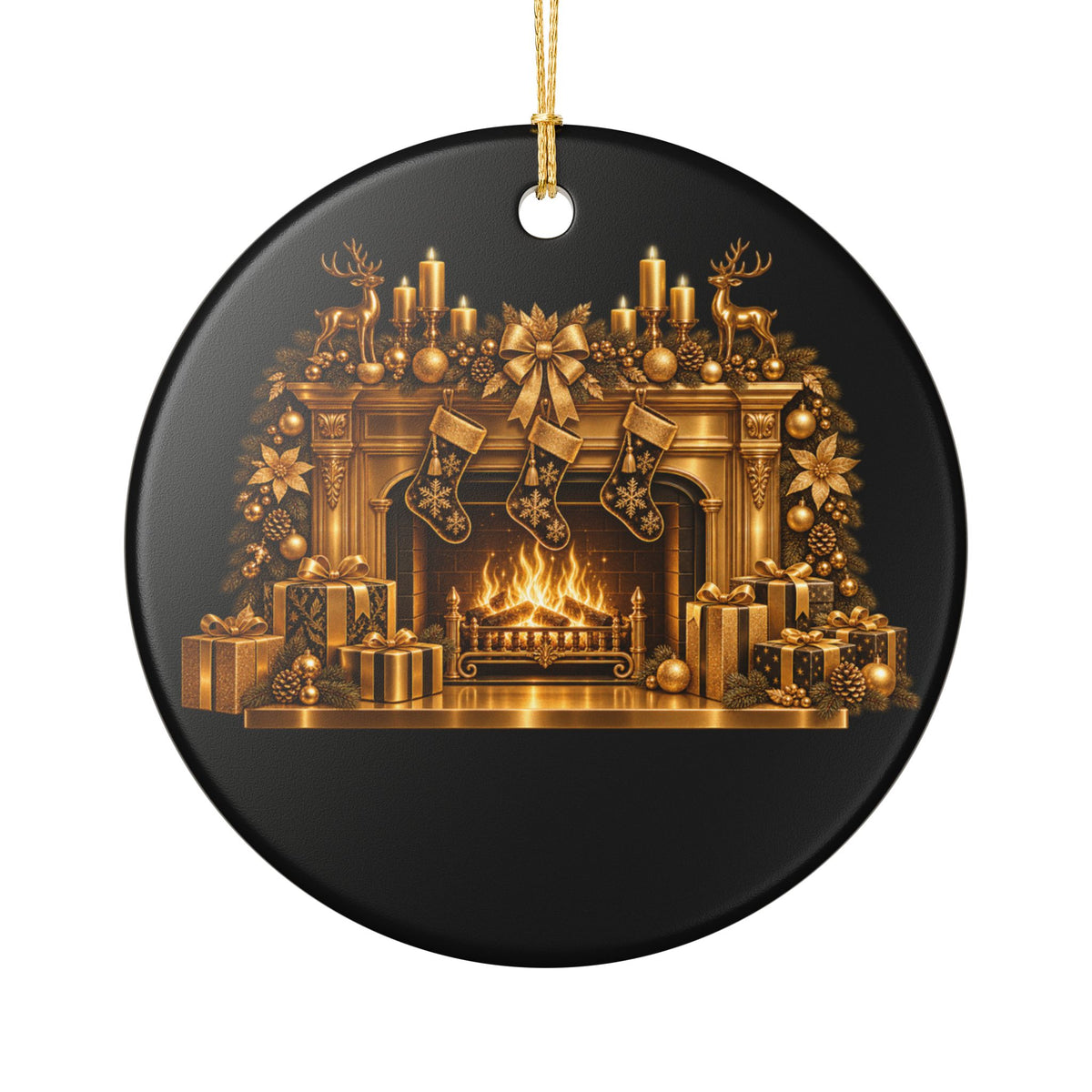Pexlerian Christmas Ceramic Ornament — Gold Fireplace & "Merry Christmas" Holiday Decoration