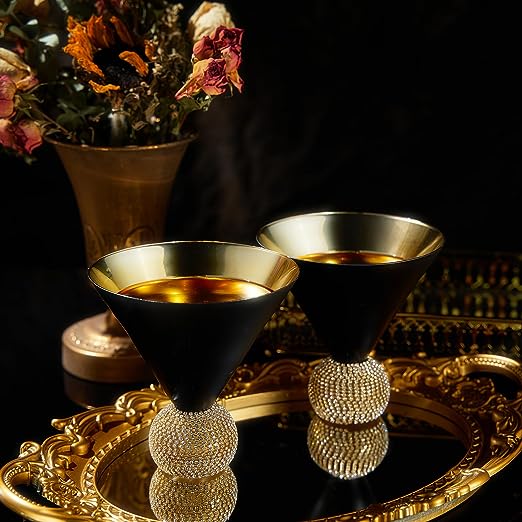 Black & Gold Rhinestone Martini Glasses – Set of 2