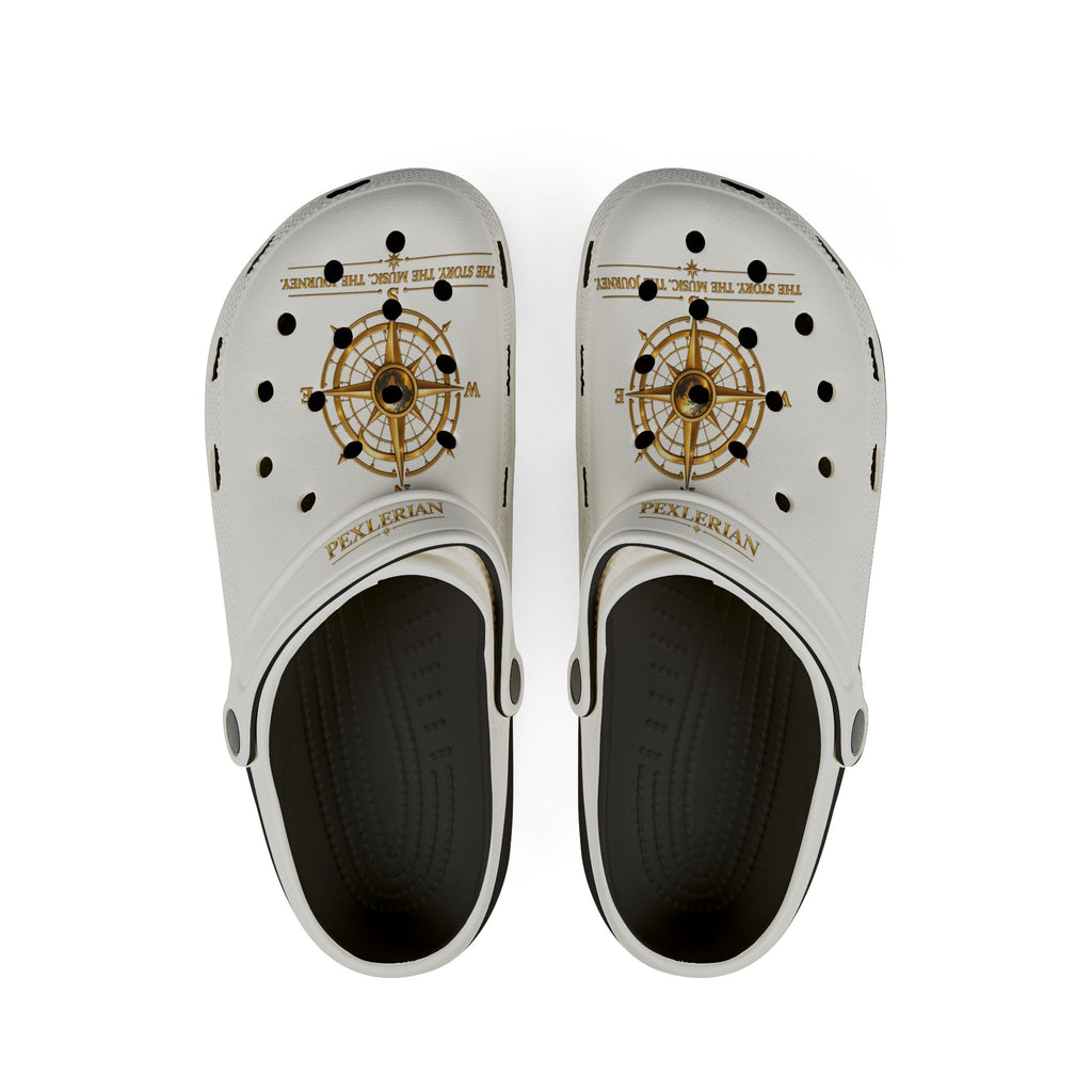 Pexlerian Gold Compass EVA Foam Clogs — White Waterproof Slip-On