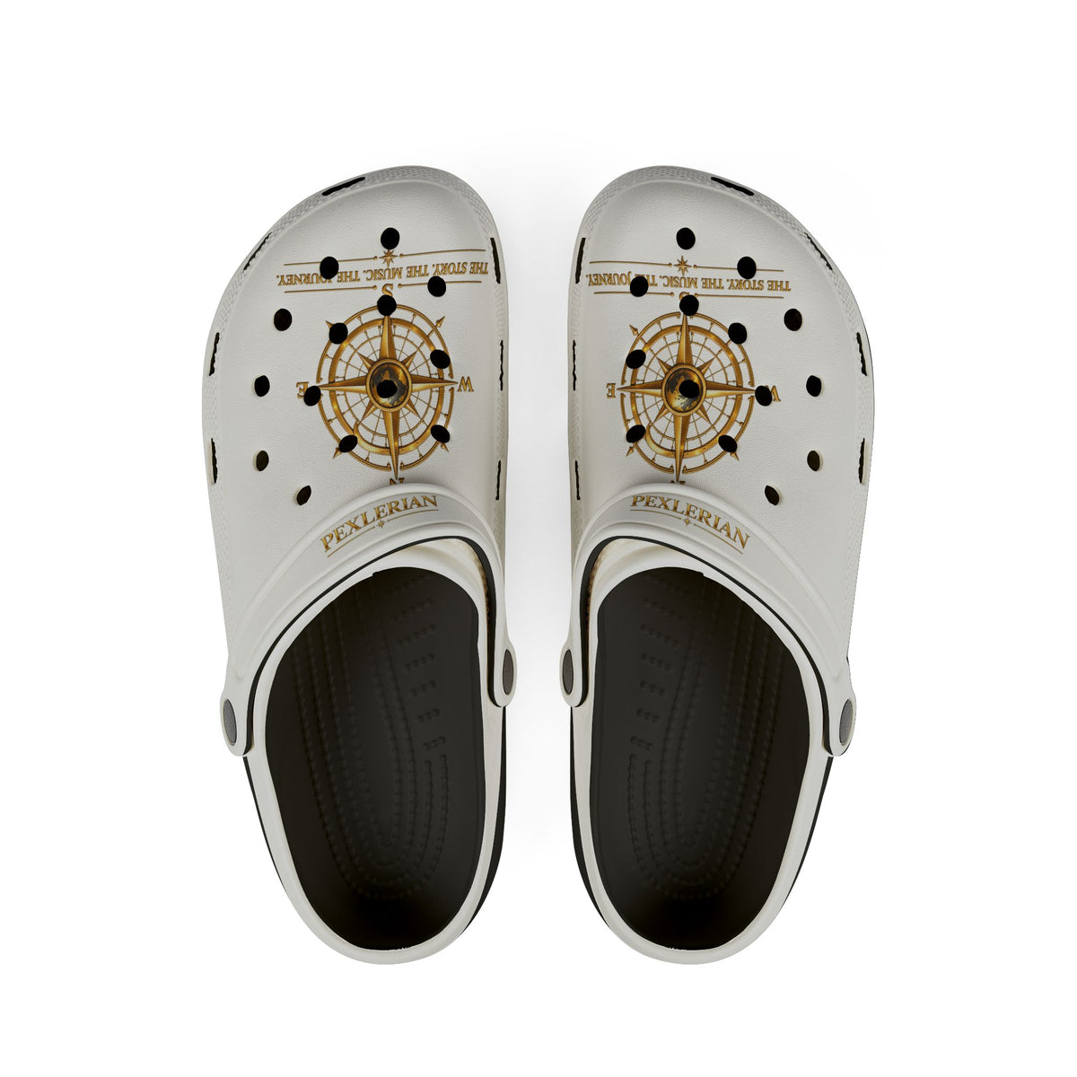 Pexlerian Gold Compass EVA Foam Clogs — White Waterproof Slip-On