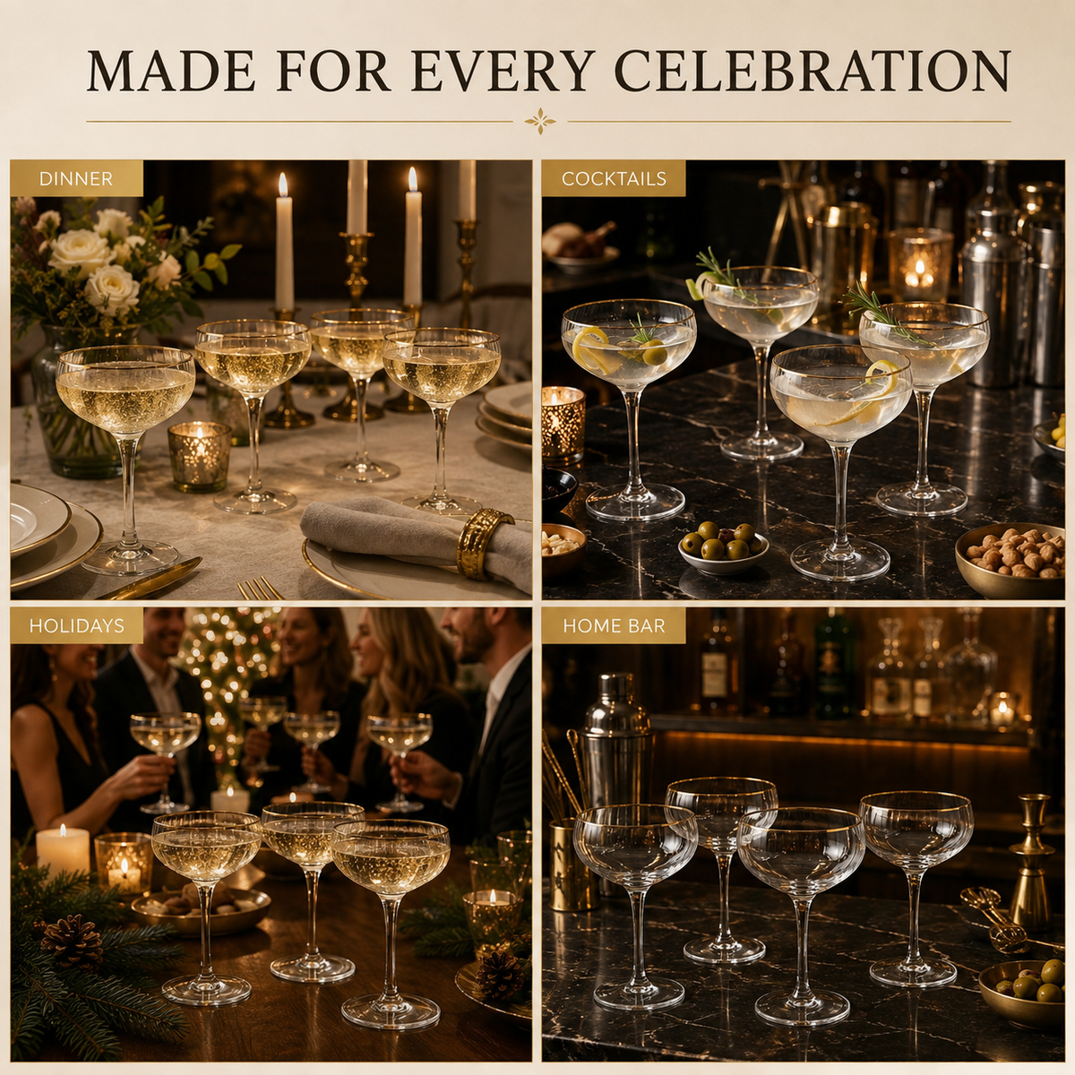 Gold-Rim Coupe Glasses – Set of 4