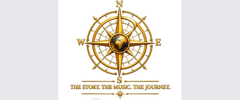 White Pexlerian mouse mat design preview with a gold globe compass and THE STORY. THE MUSIC. THE JOURNEY. tagline.