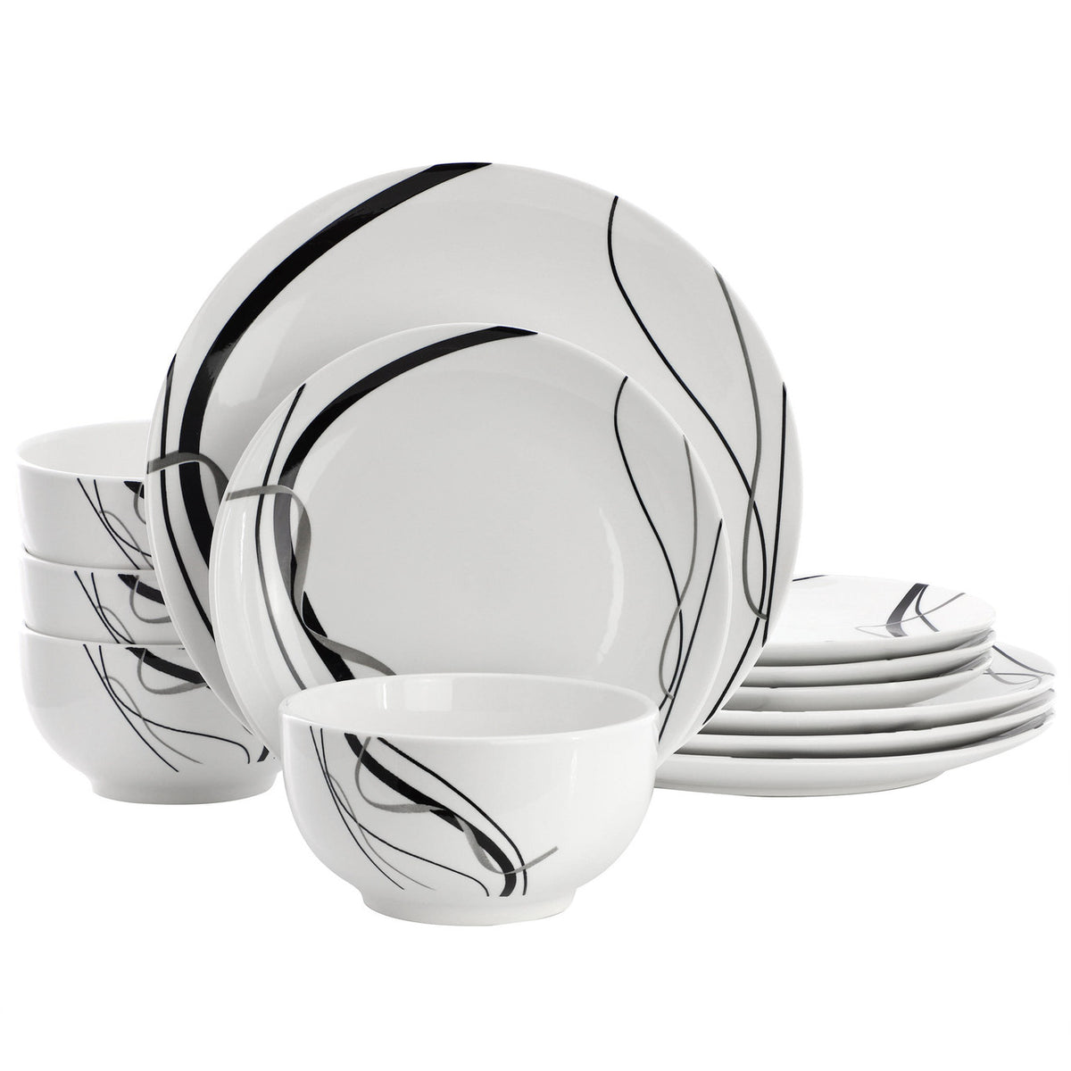 Elama Sarah 12 Piece Porcelain Black Ribbon Dinnerware Set, Service for 4 in White and Black-0