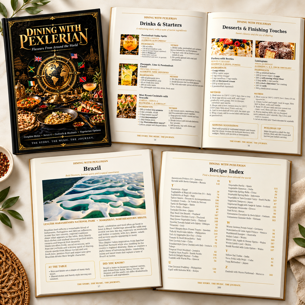 Dining with Pexlerian cookbook collection promotional display
