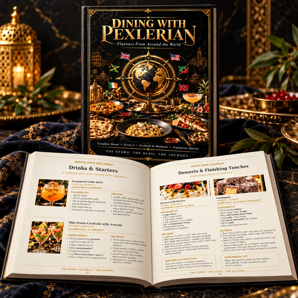 Dining with Pexlerian cookbook displayed with elegant food and dining accessories
