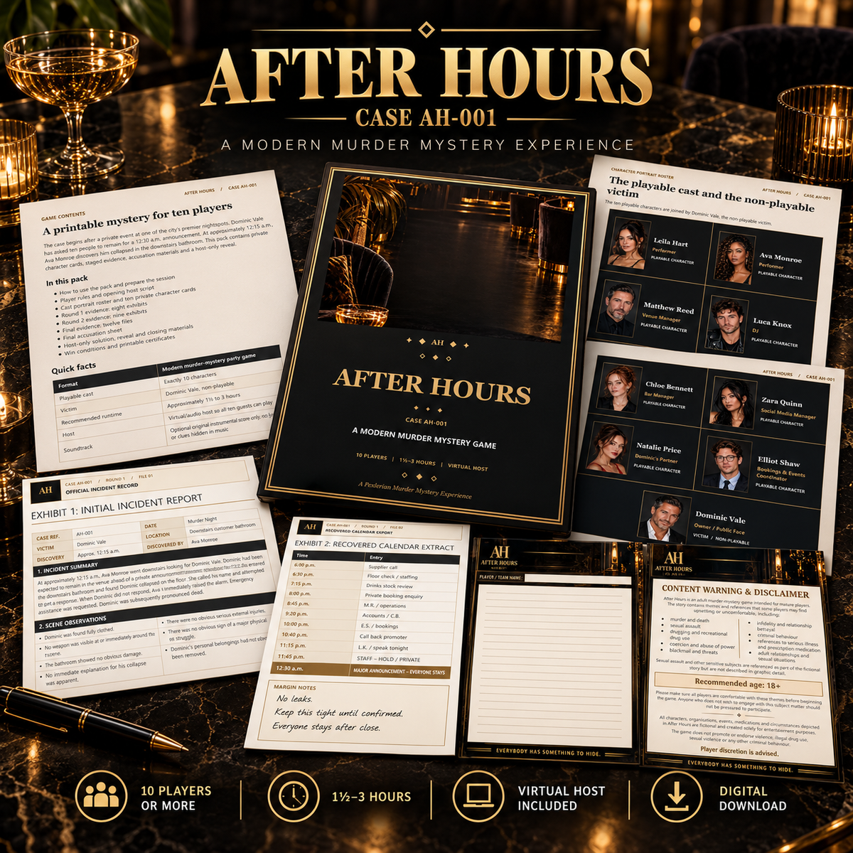 After Hours murder mystery game using the actual Pexlerian game design