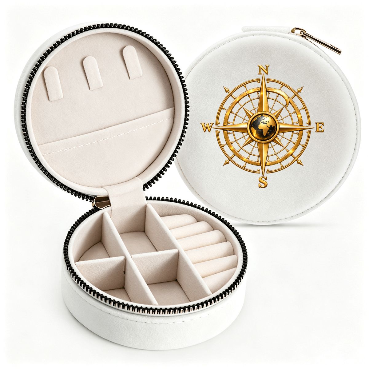 Pexlerian Gold Compass Round Velvet Jewellery Box