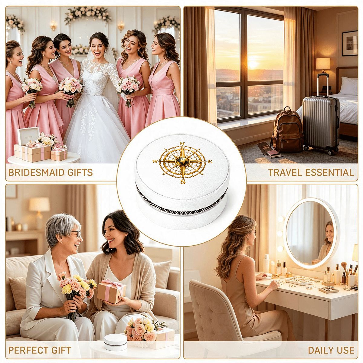 Pexlerian Gold Compass Round Velvet Jewellery Box