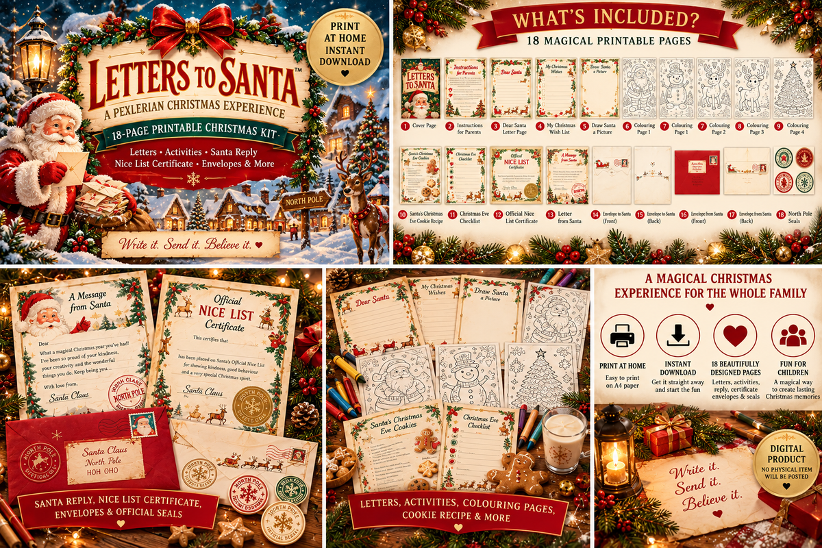 Letters to Santa 18-page printable Christmas kit contents